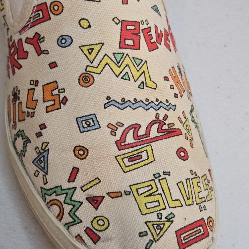 Y2K Slip on Beverly Hills Blues Womens Sz 8.5 Textile Loafers Spellout CALI